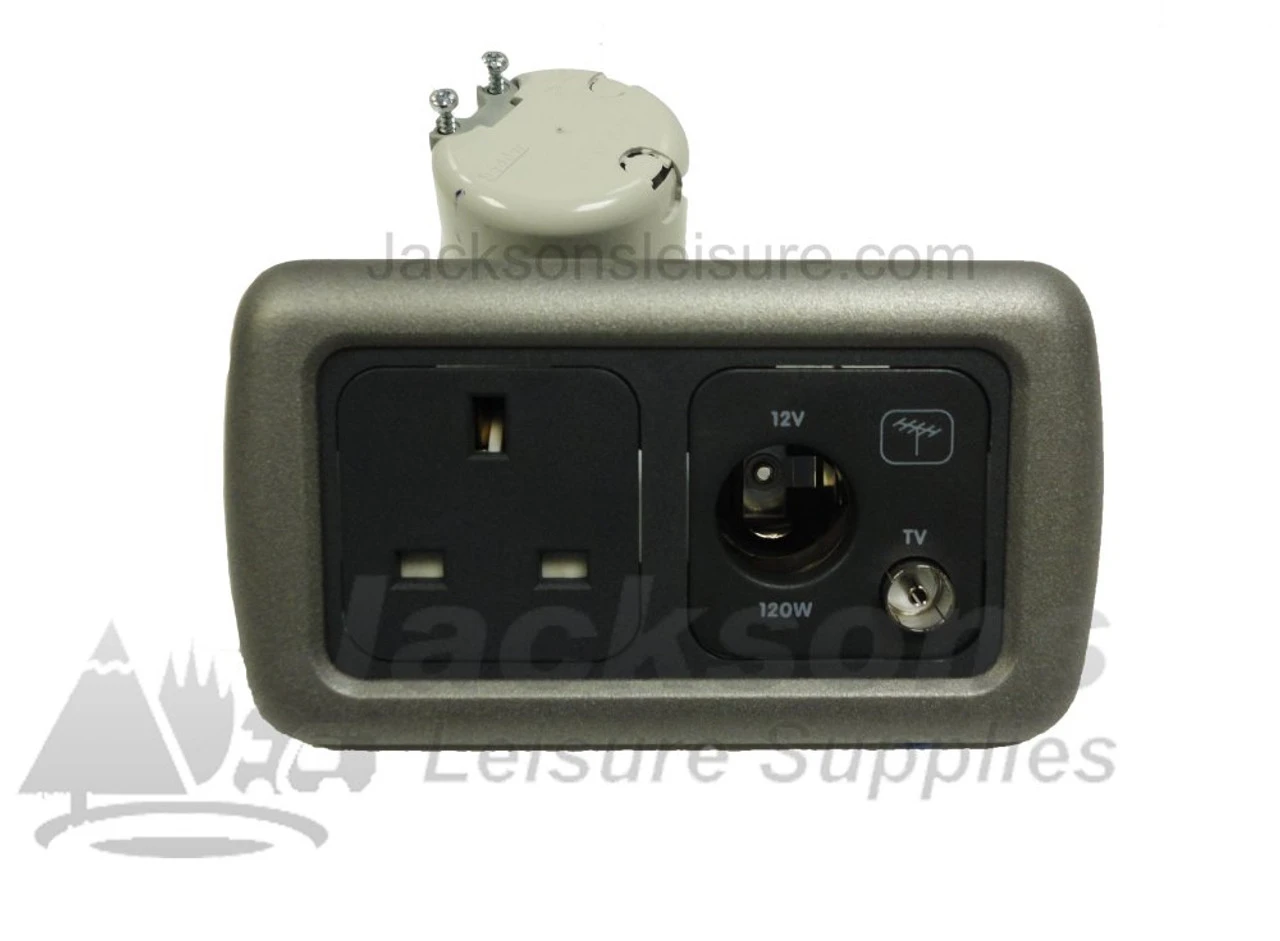 CBE 3 Pin & 12v Auto Aerial Socket With Back Box & Grey Twin Frame 1 CBE 3 Pin & 12v Auto Aerial Socket With Back Box & Grey Twin Frame